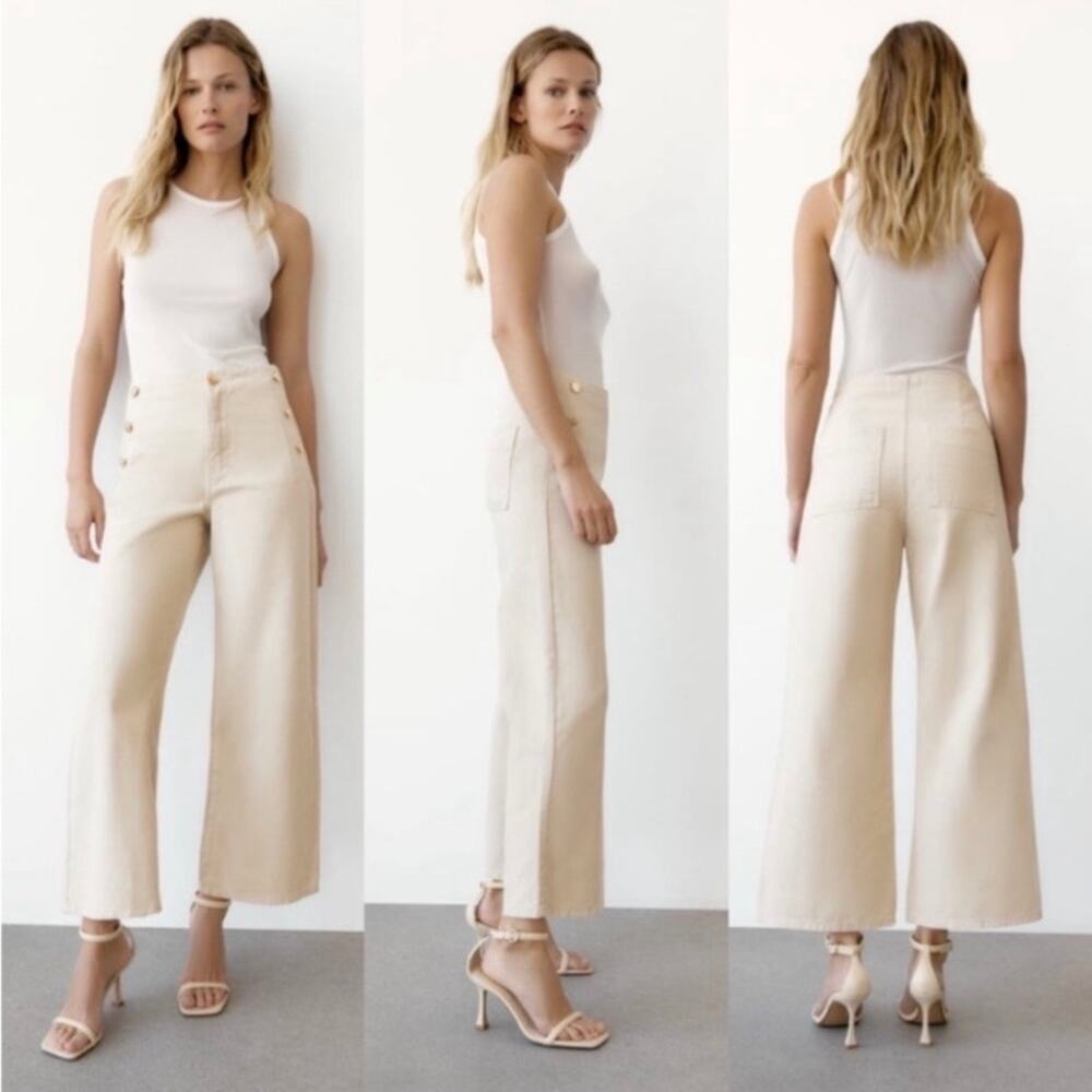 Zara Sz 8 Cream Denim Wide Leg Sailor Pants Trousers Gold Buttons Ankle Length